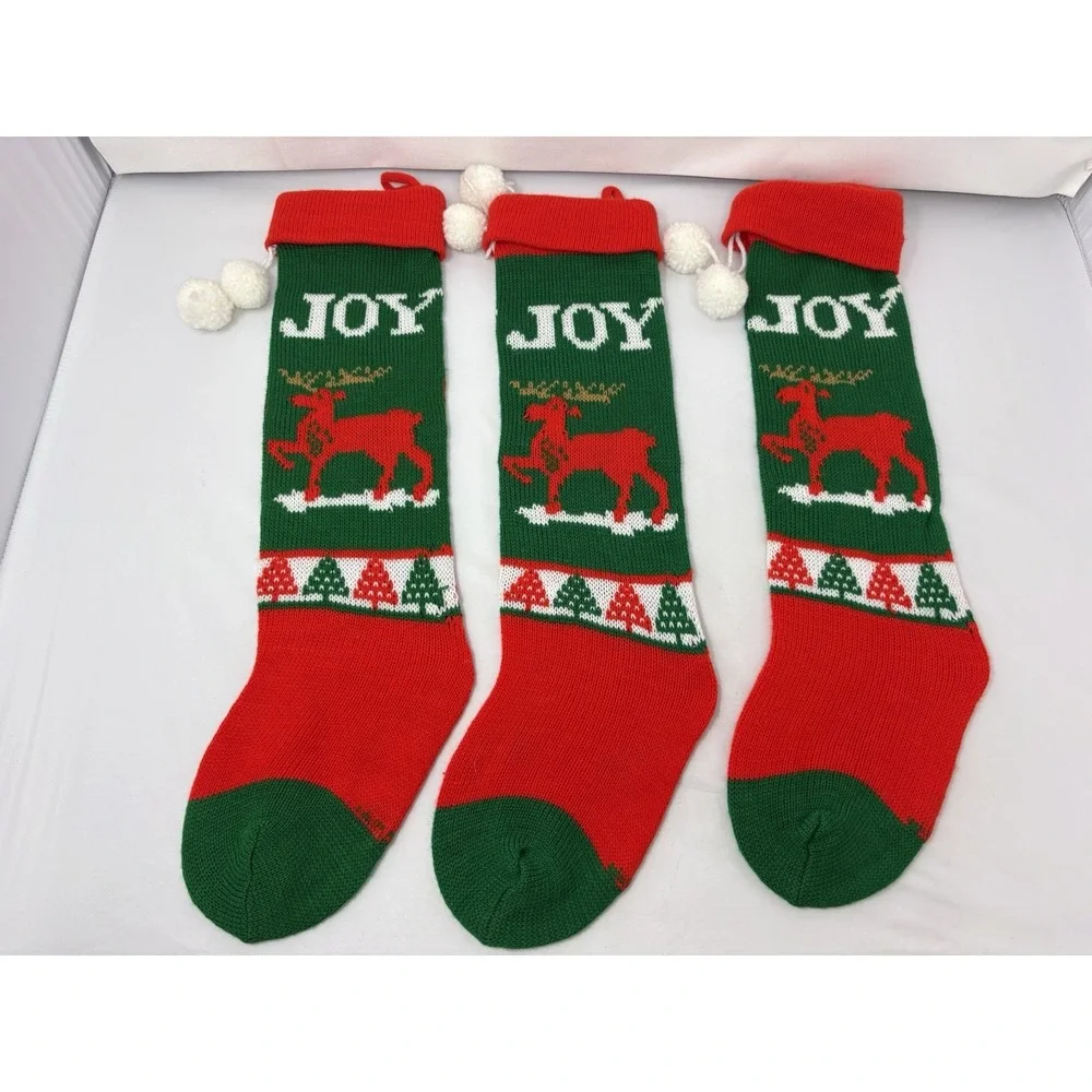 3 Vintage Red Green Joy Reindeer Knit Christmas Stocking PomPom Granny Core 80's